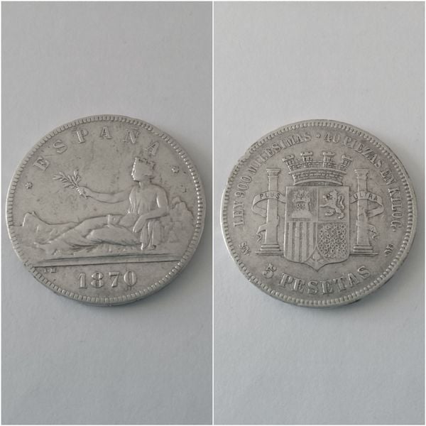 Moneda plata 5 pesetas año 1870  *18*70  SN M   “R.C.”