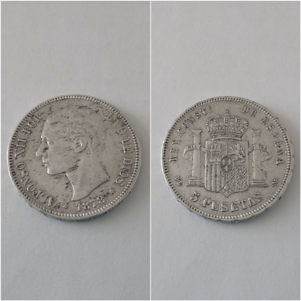Moneda plata 5 pesetas  ALFONSO XII  año 1878  *18*7-  DE M   “R.C.”