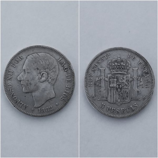 Moneda plata 5 pesetas  ALFONSO XII  año 1882  *18*81  MS M  -Escasa-  “R.C.”
