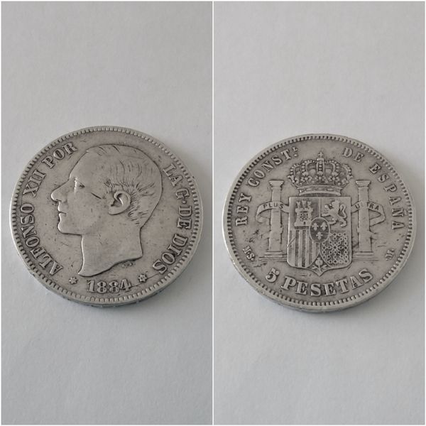 Moneda plata 5 pesetas  ALFONSO XII  año 1884  *18*84  MS M   “B.C.”