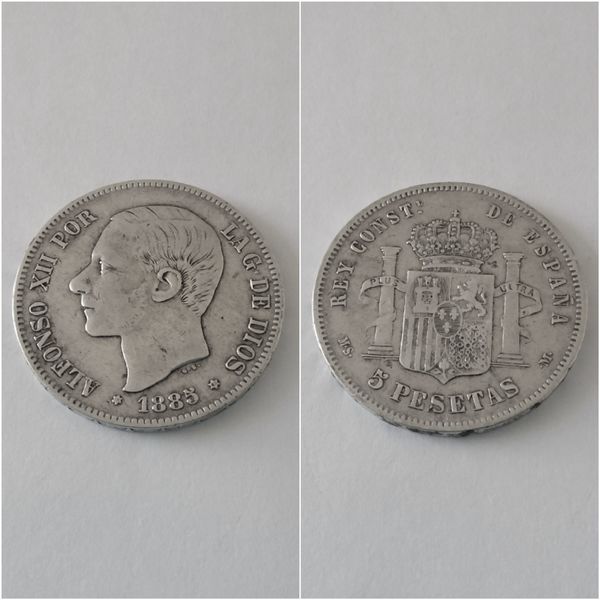 Moneda plata 5 pesetas  ALFONSO XII  año 1885  *18*85  MS M   “B.C.”