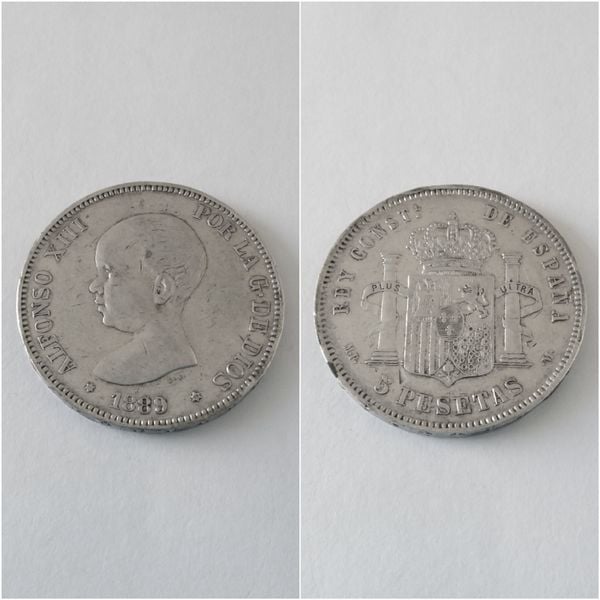 Moneda plata 5 pesetas  ALFONSO XIII  “Pelón” año 1889  *18*89  MP M   “R.C.”