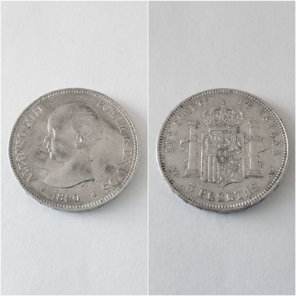 Moneda plata 5 pesetas  ALFONSO XIII  “Pelón” año 1890  *18*90  MP M   “B.C.”