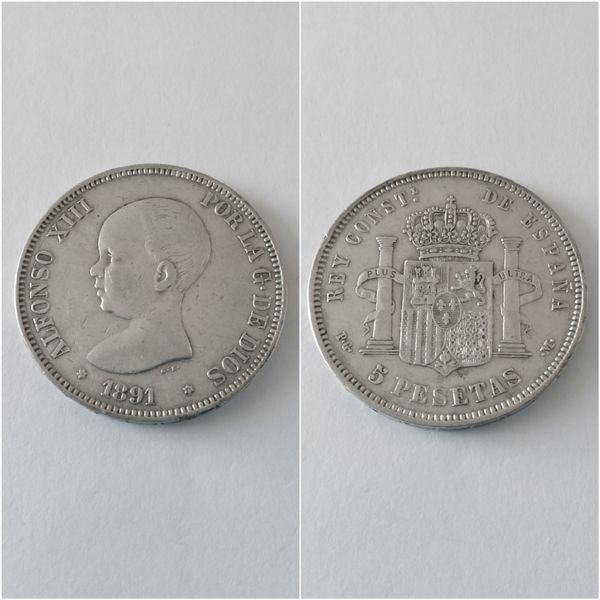 Moneda plata 5 pesetas  ALFONSO XIII  “Bebé” año 1891  *18*91  PG M   “B.C.”
