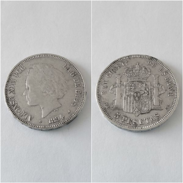 Moneda plata 5 pesetas  ALFONSO XIII  “Rizos” año 1894  *18*--  PG V   “R.C.”