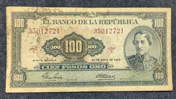 Billete 100 pesos oro colombiano, 1965