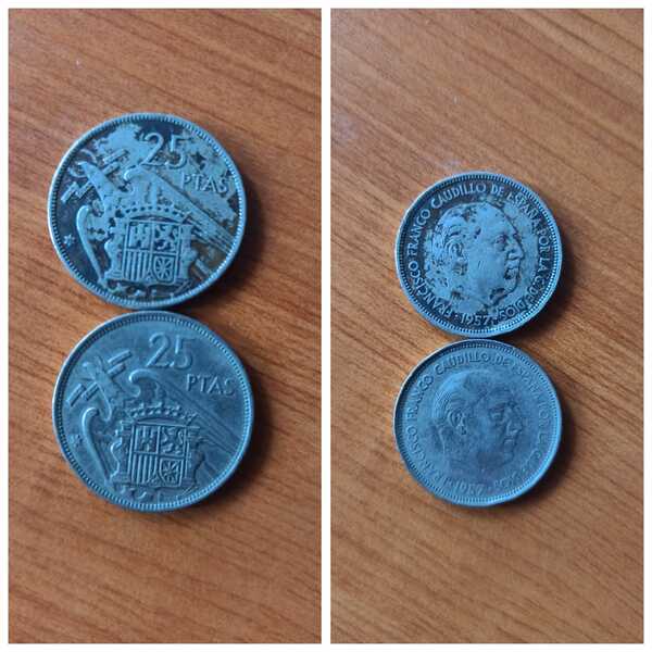 Dos monedas de 25 pesetas 1957 Franco