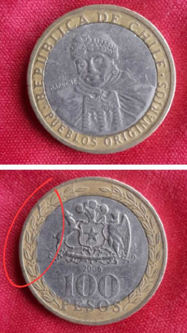 100 pesos de Chile- 2006- error laureles