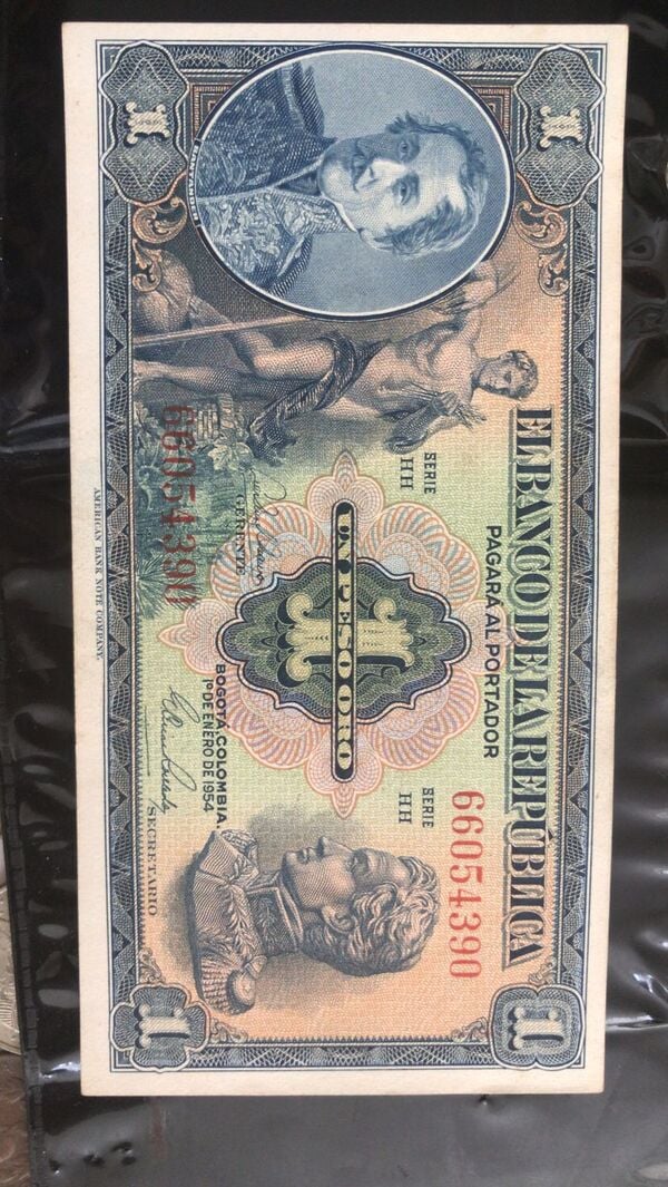 Billete de 1 peso emisiòn 1 de enero de 1954 Colombia