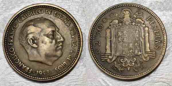 9 Monedas de 2,5 ptas 1953 FFCE España