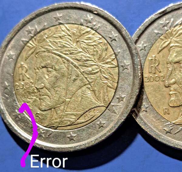 Vendo moneda de 2 € de Italia 2002 con varios errores gravesde acuñacion.