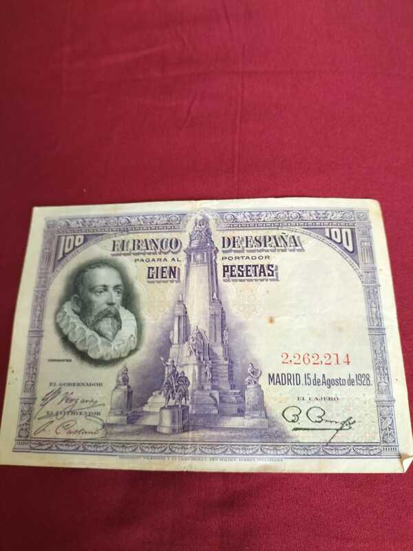 Billete de cien pesetas (fecha 15 de agosto de año 1928)