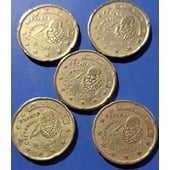 2☆☆ Vendo lote de 5 monedas de 20 céntimos de euro ( higienizadas ) de España del año 2002.