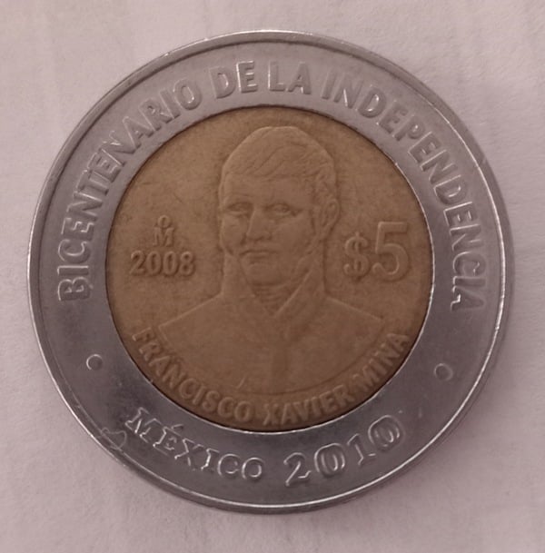 Moneda de 5 Pesos 2008 Conmemorativa Francisco Javier Mina