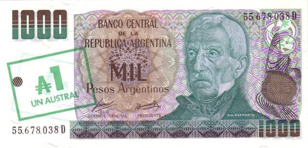 1 Austral (Overprint on 1000 Pesos Argentinos)