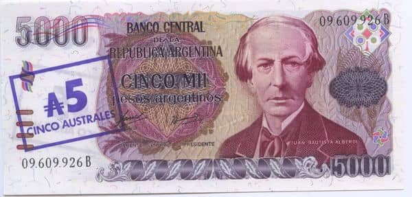 5 Australes (Overprint on 5000 Pesos Argentinos)