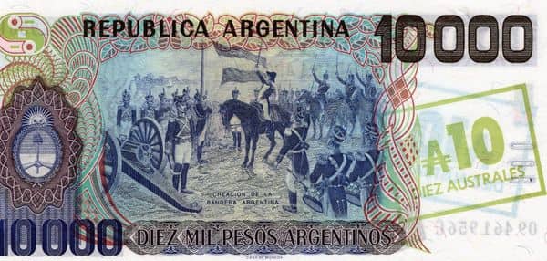 10 Australes (Overprint on 10000 Pesos Argentinos)