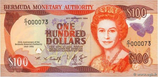 100 Dollars Elizabeth II 25th Anniversary Bermuda Monetary Authority