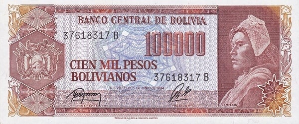 10 centavos boliviano (Overwritten on 100,000 bolivianos bill P#171)