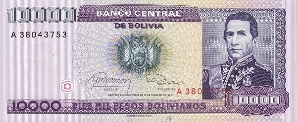 1 boliviano centavo (Overwritten on 10000 bolivianos bill P#169)