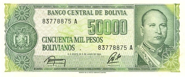 5 centavos boliviano (Overwritten on 50,000 boliviano peso bill P#170)