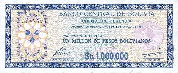 1 boliviano (Overwritten on 1000000 bolivianos banknote P#192c)