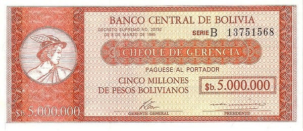 5 bolivianos (Overwritten on 5000000 bolivianos banknote P#192a)