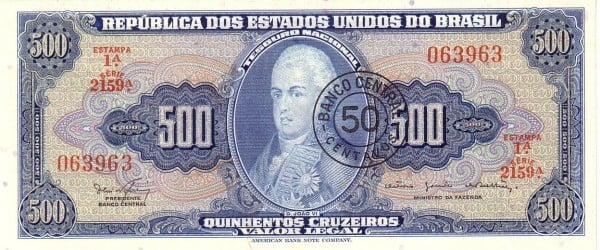 50 centavos (Envelope printed on 500 cruzeiros banknote)