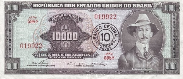 10 cruzeiros novos (overprinted on 10000 cruzeiros)