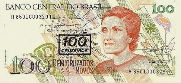 100 cruzeiros (overprinted on 100 cruzados novos P#220)