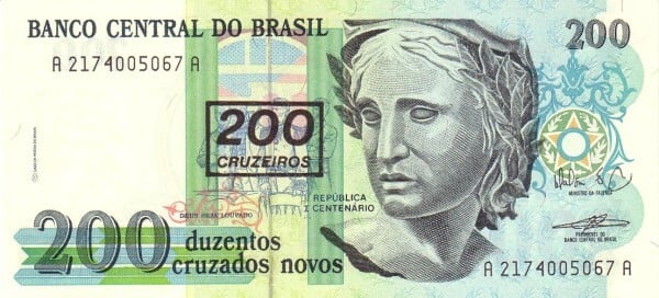 200 cruzeiros (Overprinted on 200 cruzados novos P#221)