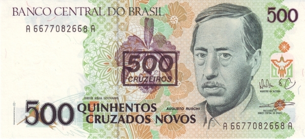 500 cruzeiros (Overprinted in 500 cruzados novos P#222)