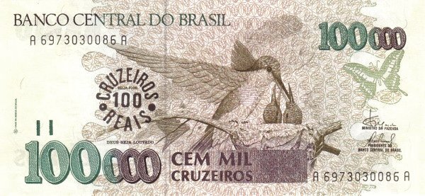 100 cruzeiros reais (Overprint in 100000 cruzeiros P#235)