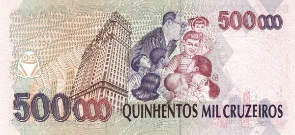500 cruzeiros reais (Overprinted on 500000 cruzeiros P#236)