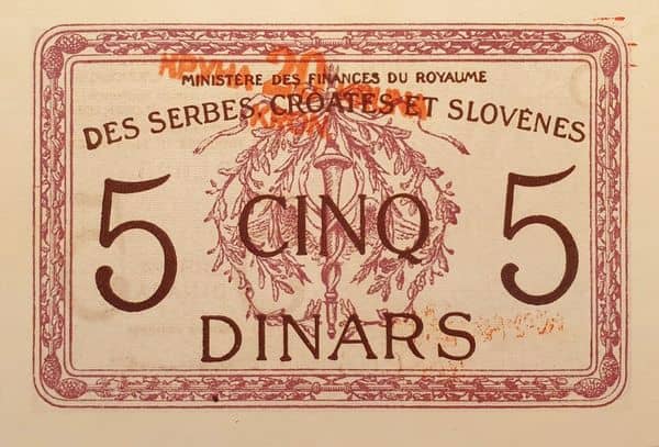 20 Kruna overprint on 5 dinara