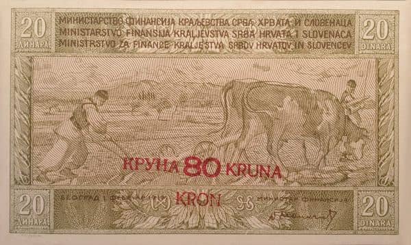 80 Kruna overprint on 20 dinara