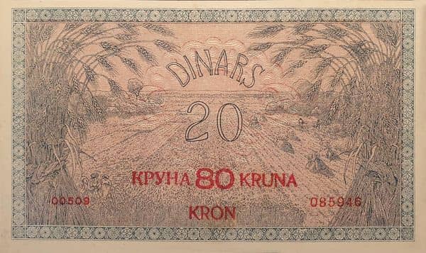 80 Kruna overprint on 20 dinara