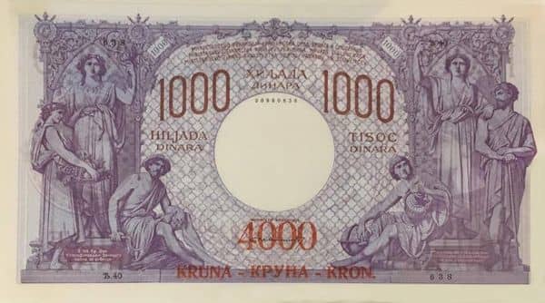 4000 Kruna overprint on 1000 dinara