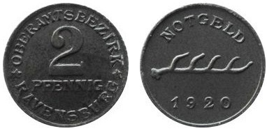 2 pfennig (District of Ravensburg-Länder Württemberg)