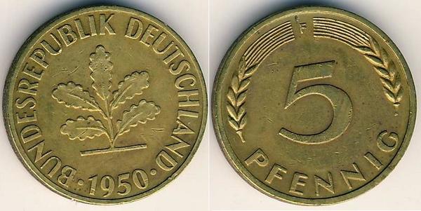 Coin 5 pfennig 1950 2000D of Germany Federal Rep. Updated Value