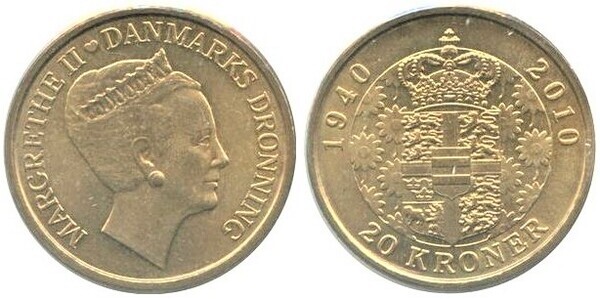 20 kroner (70th Anniversary of Queen Margrethe II)