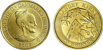 20 kroner (Danish towers: Landet Church tower in Taasinge)