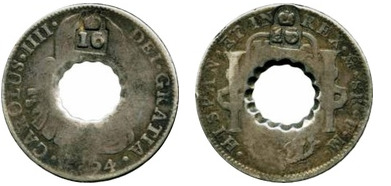 16 bits (Central hole crenated in Mexico 8 Reales)