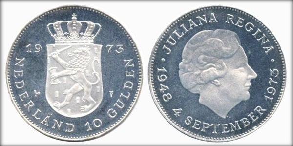 10 florines (25th Anniversary of Queen Juliana's reign.)