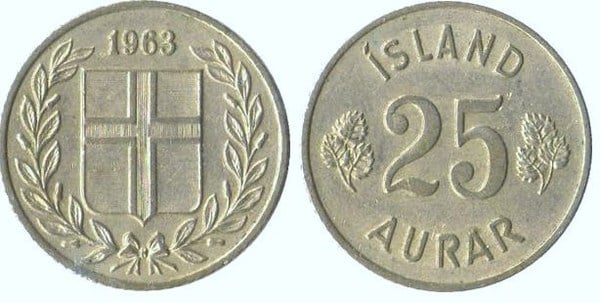 Coin 25 aurar 1946 1967 of Iceland Updated Value Foronum