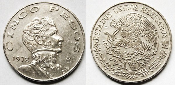 Coin 5 pesos Vicente Guerrero 1971 1978 of Mexico Updated