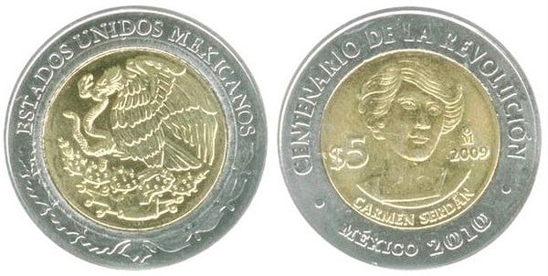 5 pesos (Centennial of the Revolution - Carmen Serdán)