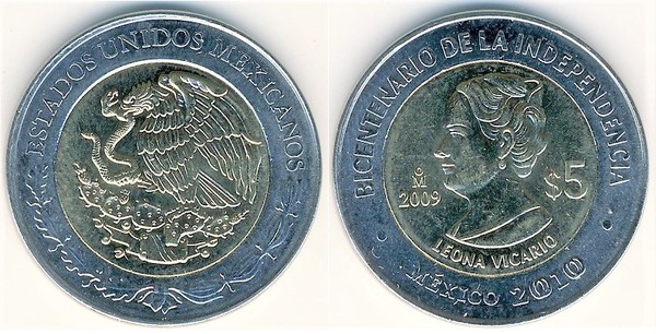 5 pesos (Bicentenario de la Independencia-Leona Vicario) 2009 of Mexico ...