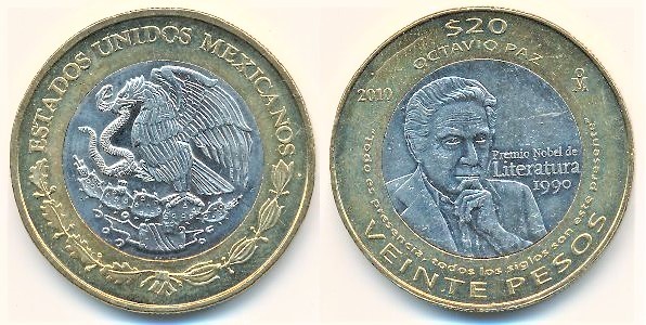 20 pesos (20th Anniversary of the Nobel Prize in Literature to Octavio Paz)