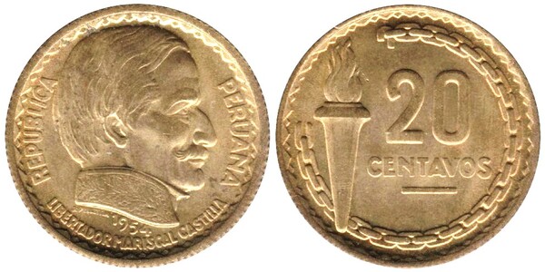 20 centavos (100 Years of Abolition of Slavery in Peru by President Ramon Castilla)